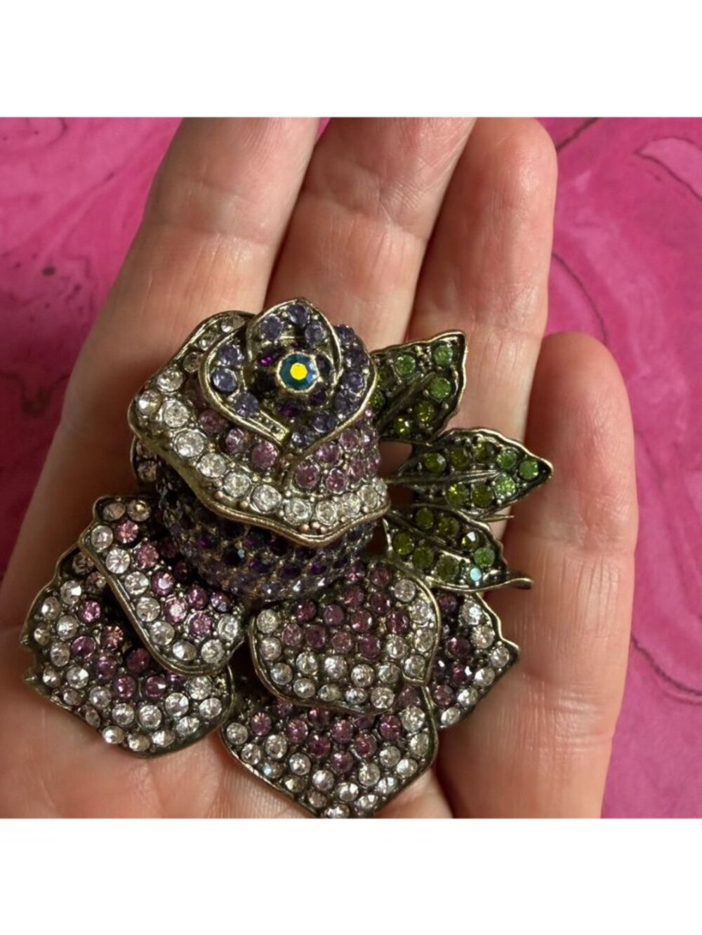 Vtg Joan Rivers Rose Brooch Pave Rhinestones Large Size Purple Pink & Green - Picture 4 of 6